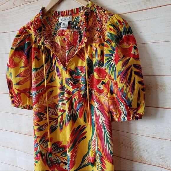 Rachel Zoe Parrot Tropical Cotton Textured Colorful Short Sleeve Blouse Top XS - Picture 4 of 11